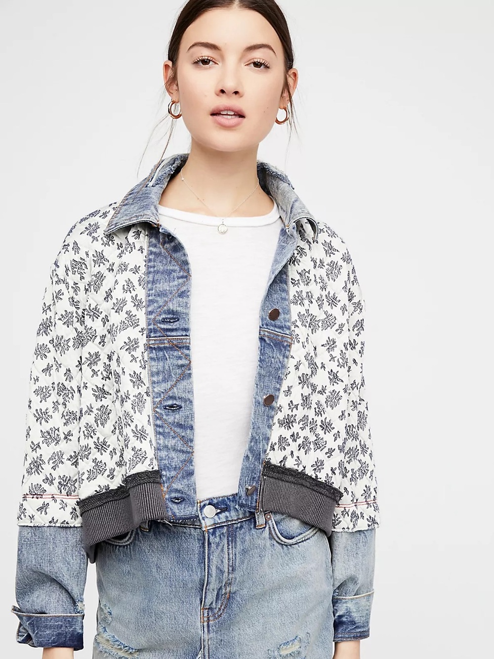 New Free People M/L Ditsy Denim Quilted Floral Jacket Cropped Dolman Cotton